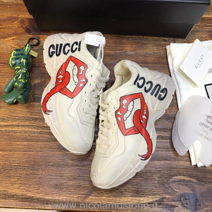 Oryginalna Jakość Gucci Lips Rhyton Tata Trampki 619893 Skóra Cielęca Kolekcja Wiosna/lato 2020 Złamana Biel