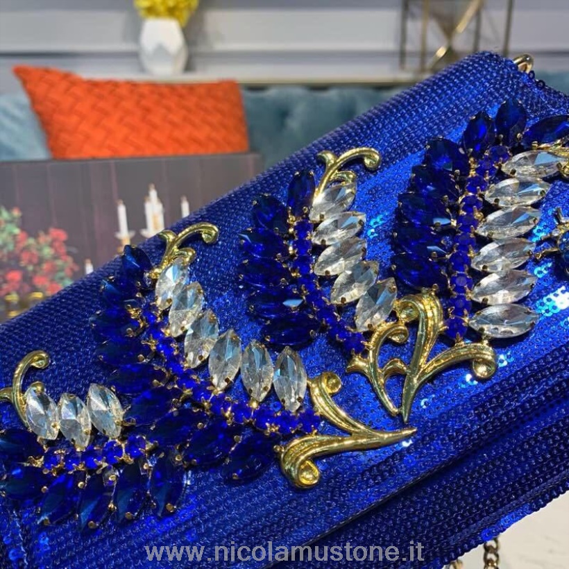 Oryginalna Jakość Dolce Gabbana Koronkowa Haftowana Torba Na Ramię 20cm Skóra Cielęca Kolekcja Jesień/zima 2019 Elektryczny Niebieski