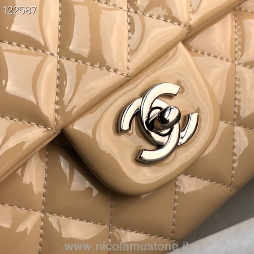 Oryginalna Jakość Chanel Klasyczna Torebka Z Klapą 25 Cm Srebrna Metalowa Skóra Lakierowana Kolekcja Wiosna/lato 2020 Beżowa