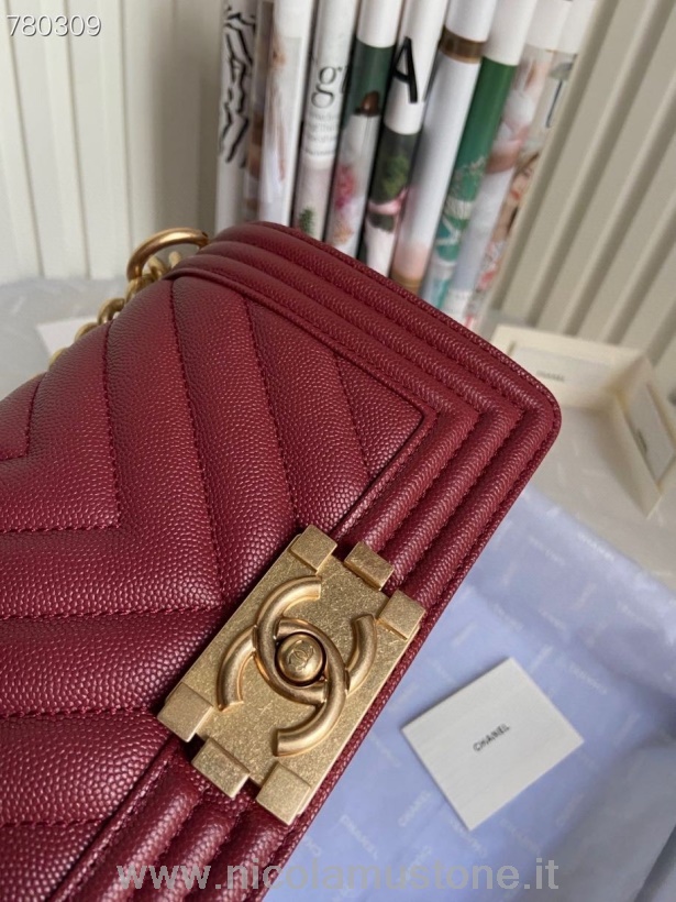 Oryginalna Jakość Chanel Chevron Boy Bag 20cm As67085 Złoty Sprzęt Kawior Skórzany Jesień/zima 2021 Kolekcja Bordowy