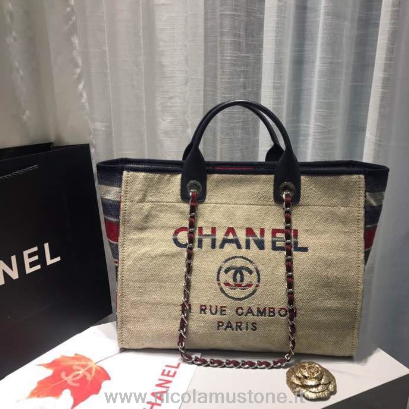 Oryginalna Torba Chanel Deauville 38cm Płócienna Torba Kolekcja Wiosna/lato 2019 Krem/granat/czerwony/multi