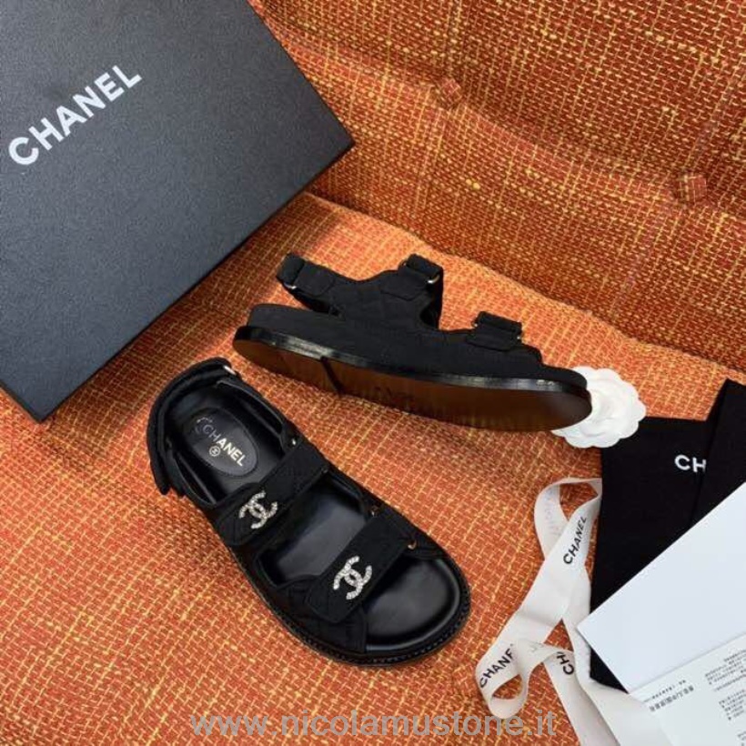 Oryginalna Jakość Chanel Klejnotami Cc Logo Jersey Sandały Na Rzepy Skóra Jagnięca Kolekcja Wiosna/lato 2020 Czarny