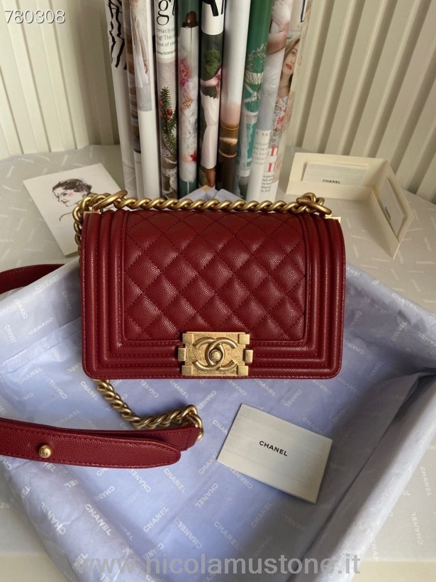 Oryginalna Jakość Chanel Boy Bag 20cm As67085 Złoty Sprzęt Kawior Skórzany Jesień/zima 2021 Kolekcja Bordowy