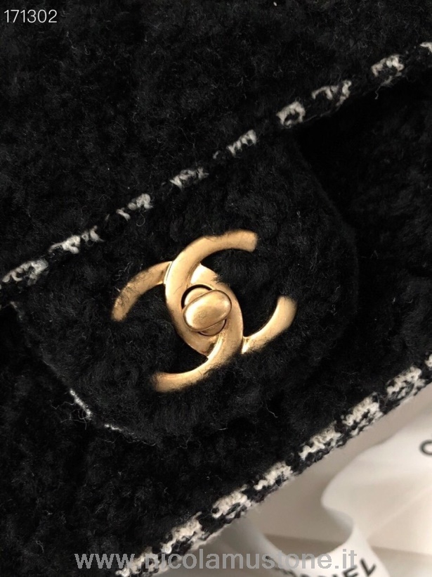 Borsa Con Patta In Tessuto Chanel Di Qualità Originale 22 Cm Lana/cotone Hardware Oro Collezione Autunno/inverno 2020 Nero