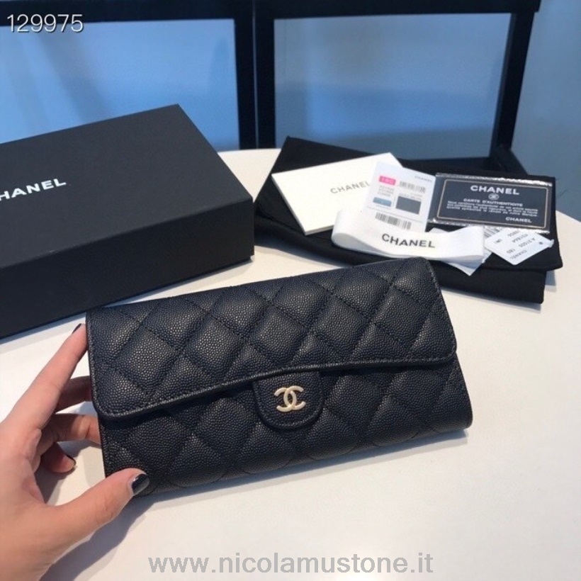 Qualità Originale Chanel Portafoglio Lungo 19cm Hardware Oro Pelle Caviale Collezione Autunno/inverno 2020 Nero