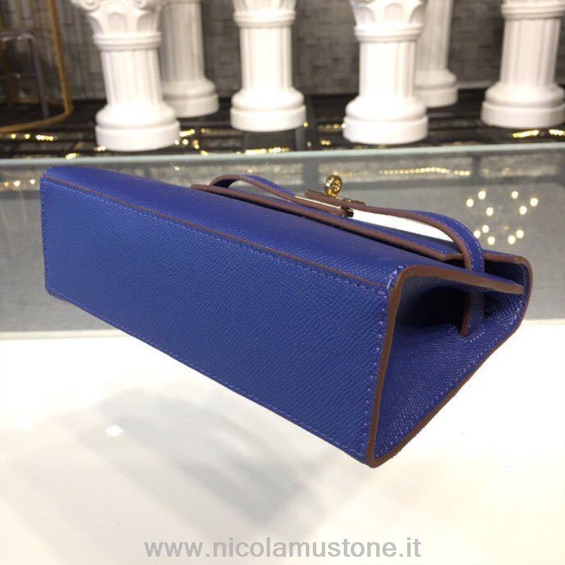 Qualità Originale Hermes Mini Kelly Kp Pochette 22cm Pelle Di Vitello Epsom Hardware Oro Cucito A Mano Blu Elettrico