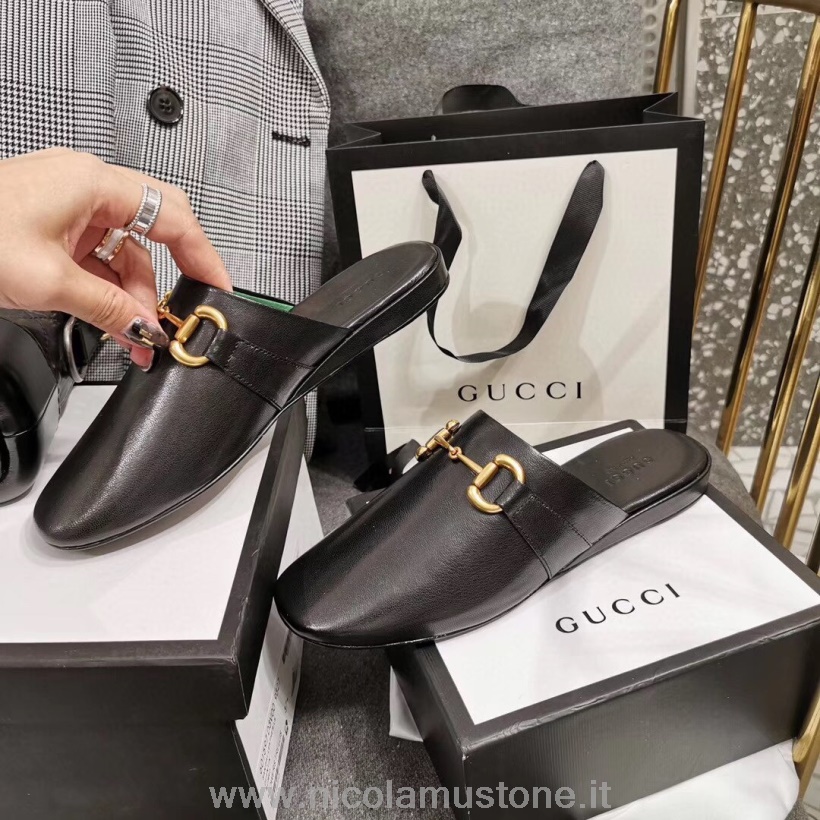 Chinelos Gucci Pericle Horsebit De Qualidade Original Couro De Bezerro Coleção Primavera/verão 2020 Preto
