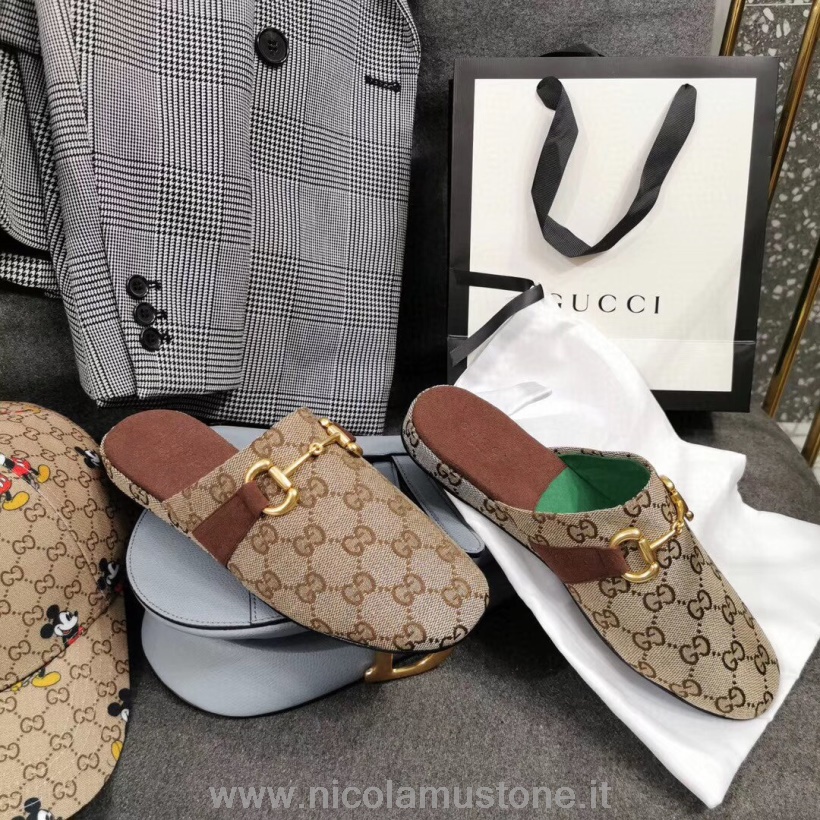 Chinelos Gucci Pericle Horsebit De Qualidade Original Couro De Bezerro Primavera/verão 2020 Coleção Bege/ébano