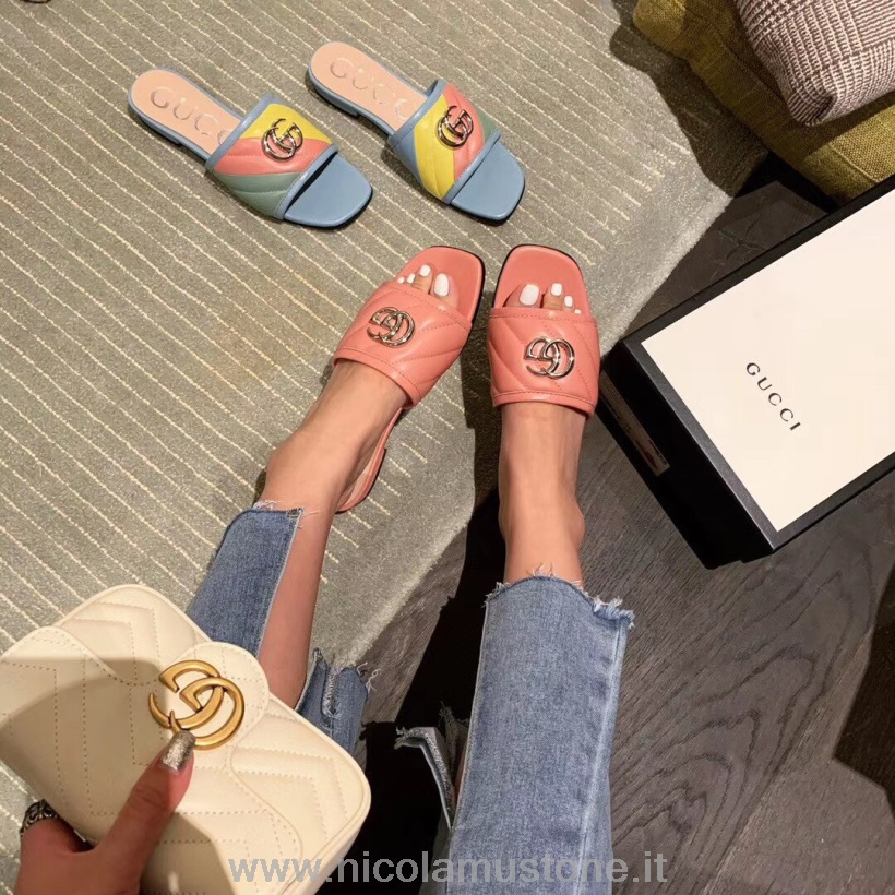 Qualidade Original Gucci Gg Matelasse Slide Sandálias De Couro De Bezerro Coleção Primavera/verão 2020 Rosa