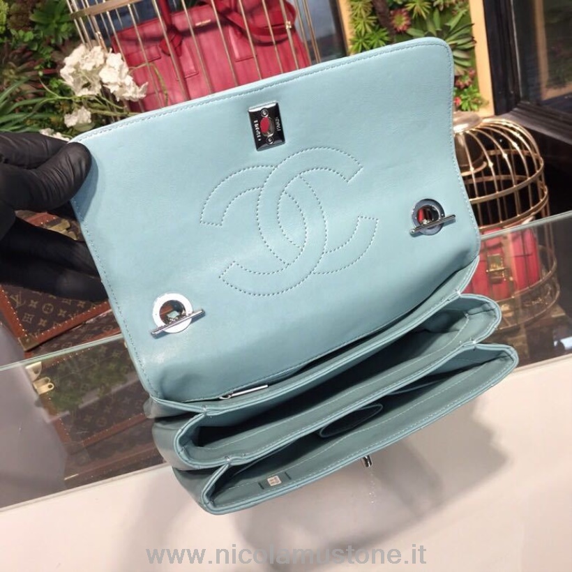 Qualidade Original Chanel Trendy Cc Chevron Top Handle Bag 25cm Couro De Bezerro Prata Hardware Primavera/verão 2018 Ato 1 Coleção Azul Claro