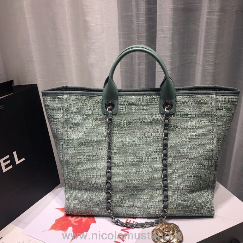 Qualidade Original Chanel Deauville Tote 38 Cm Bolsa De Lona Primavera/verão 2019 Coleção Fig Verde
