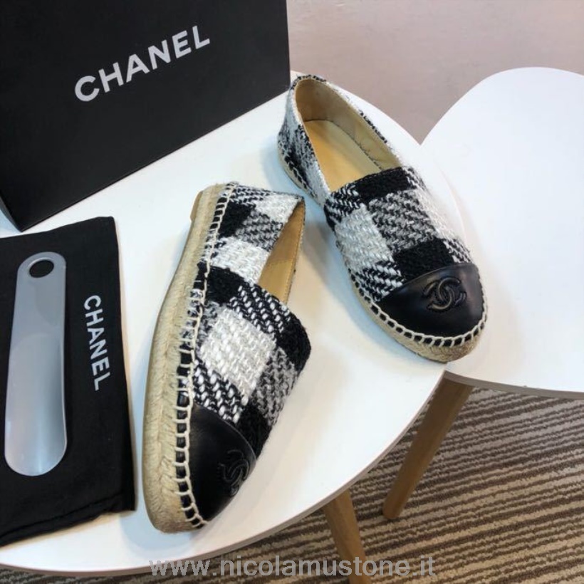 Qualidade Original Chanel Tweed Xadrez E Lambskin Toe Alpargatas Coleção Primavera/verão 2017 Act 2 Preto/branco