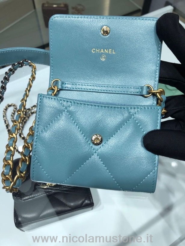 Qualidade Original Chanel Mini Titular Do Cartão 19 Bolsa 12 Cm Couro De Pele De Cordeiro Hardware Ouro Outono/inverno 2020 Coleção Azul Claro