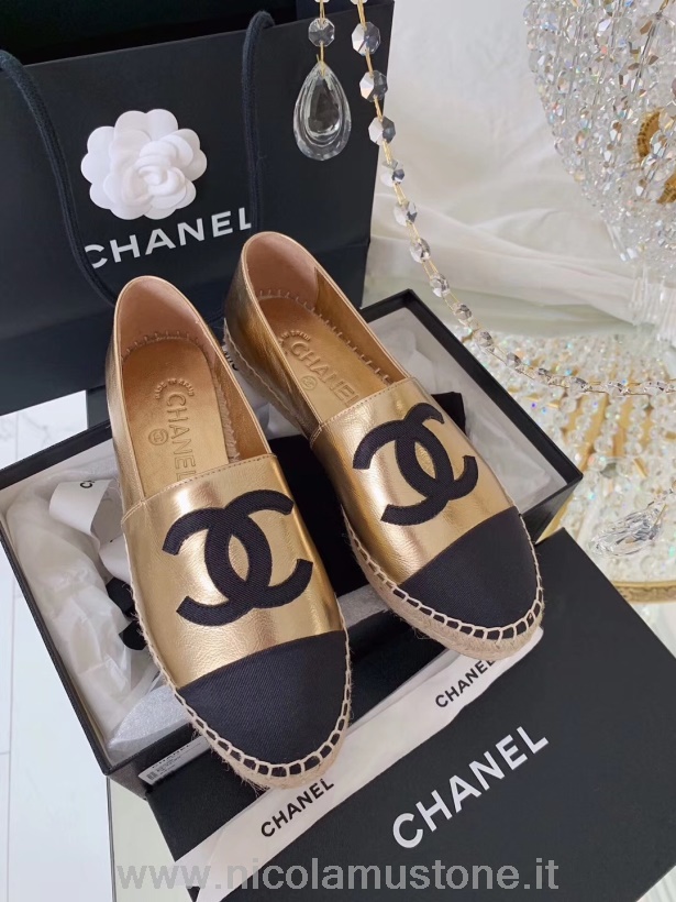 Alpargatas Chanel De Qualidade Original Couro De Bezerro Pré-outono/inverno 2019 Coleção Ouro/preto