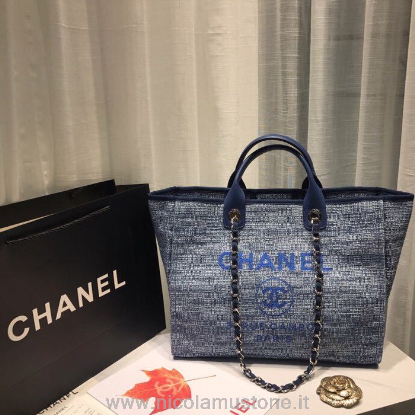 Qualidade Original Chanel Deauville Tote 38 Cm Bolsa De Lona Primavera/verão 2019 Coleção Azul Marinho/branco