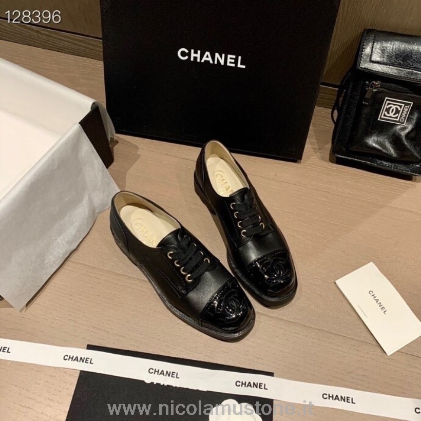 Qualidade Original Chanel Lace Up Loafer Patente/couro De Bezerro Outono/inverno 2020 Coleção Preto
