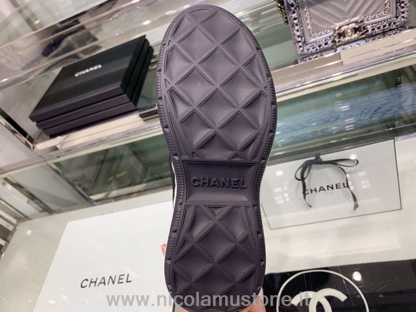 Qualidade Original Chanel Meia Malha Tênis De Couro De Bezerro Coleção Outono/inverno 2019 Preto