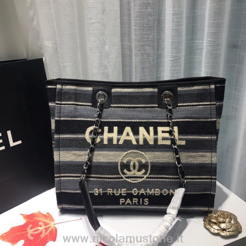 Qualidade Original Chanel Deauville Tote 34 Cm Bolsa De Lona Primavera/verão 2019 Coleção Azul/creme/multi