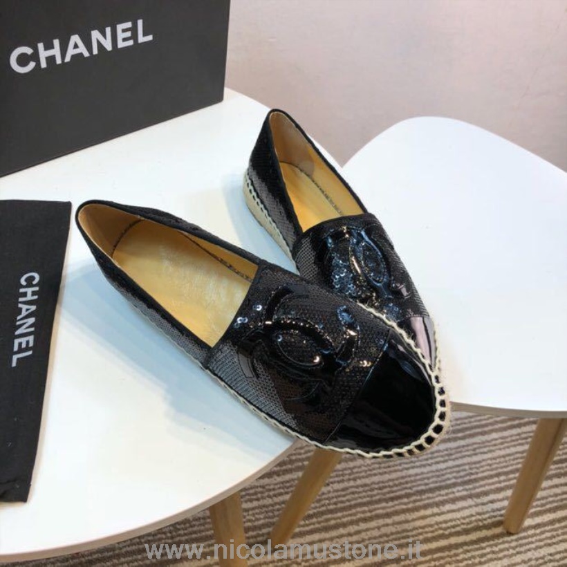 Qualidade Original Chanel Lantejoulas E Tecido Cc Lambskin Toe Alpargatas Outono/inverno 2016 Coleção Preta