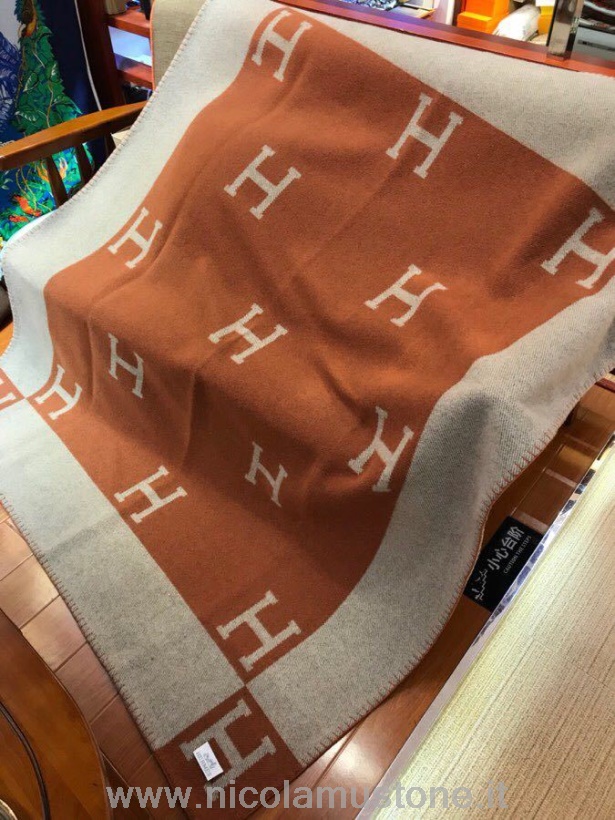 Qualidade Original Hermes Avalon Assinatura H Cobertor De Lã Ecru/poitron