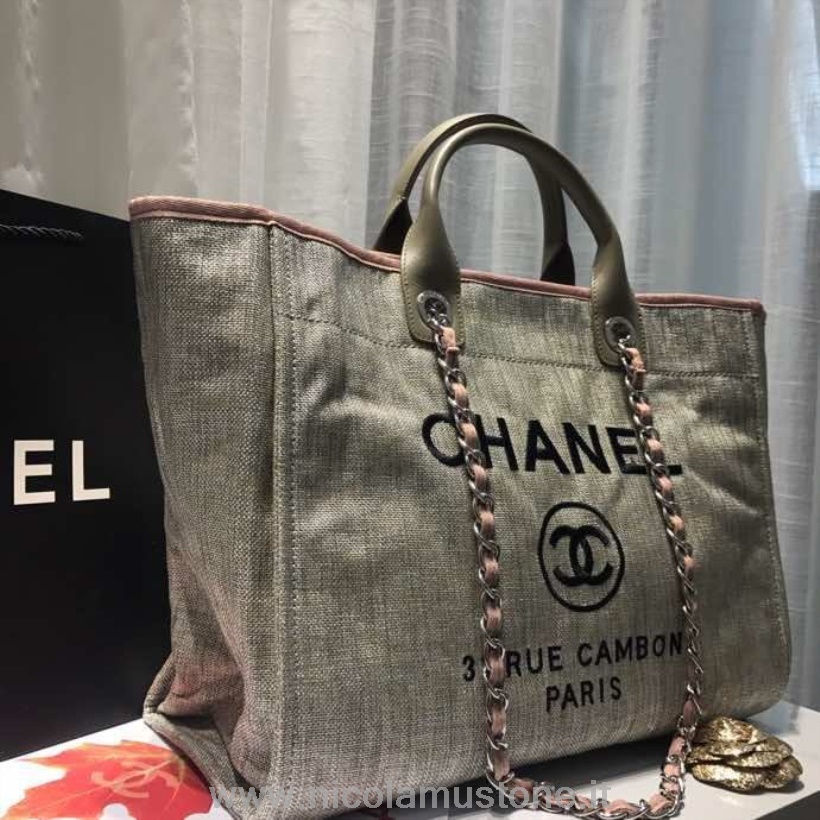 Qualidade Original Chanel Deauville Tote 38 Cm Bolsa De Lona Primavera/verão 2019 Coleção Bege/pêssego/preto/multi