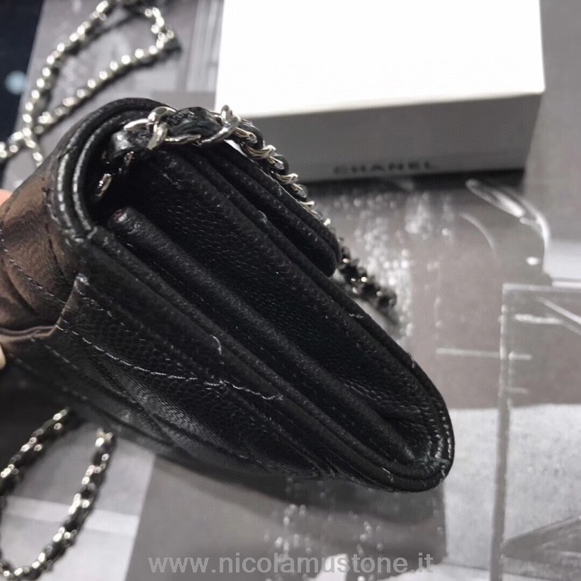 оригинальное качество Chanel компактный мультикарточный кошелек на цепочке 12см икра кожа серебристая фурнитура коллекция осень/зима 2020 черный