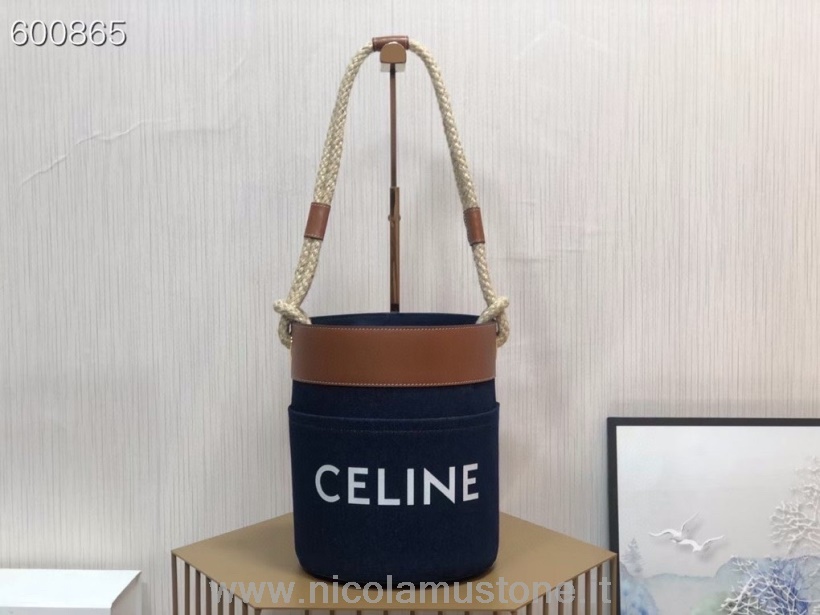 оригинальная качественная джинсовая сумка Celine Cabas Bucket из телячьей кожи 23 см из коллекции осень/зима 2021 синего цвета