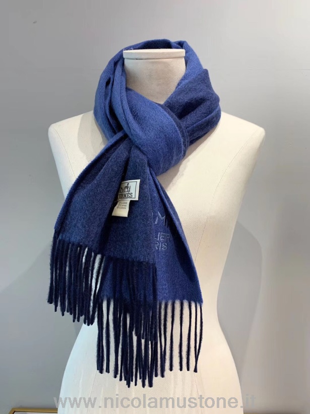 Кашемировый палантин с вышивкой Hermes Sellier Paris оригинальная качественная шаль с бахромой коллекция осень/зима 2019 темно-синий