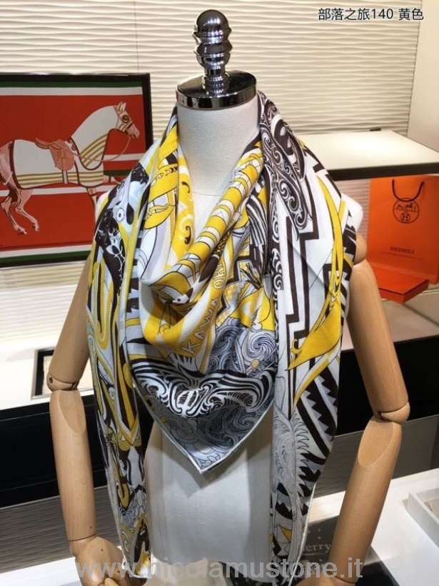Оригинальное качество Hermes Kawa Ora шарф-шаль с совой 140см коллекция осень/зима 2020 желтый