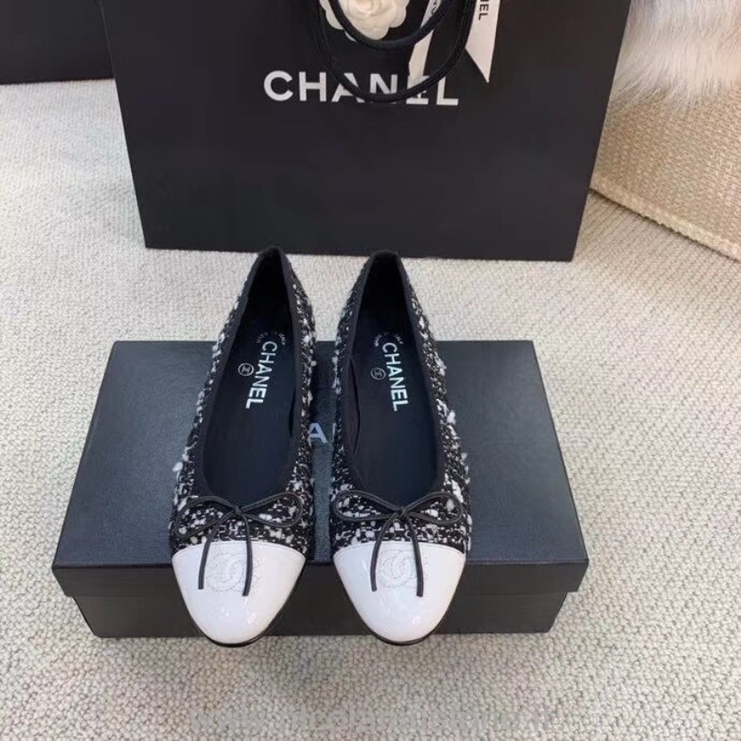 балетки Chanel оригинального качества из твида из телячьей кожи в крупный рубчик коллекция весна/лето 2020 черный/белый