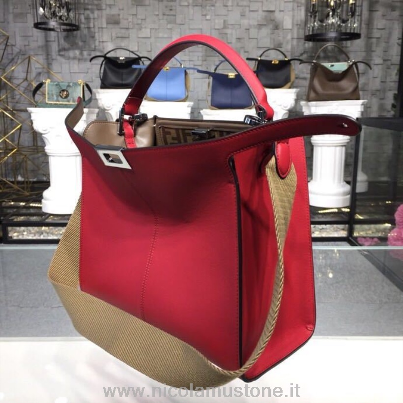 оригинальная качественная сумка Fendi Peekaboo X-lite Fit Ff с логотипом 30 см романо из козьей кожи коллекция весна/лето 2019 коричневый/красный