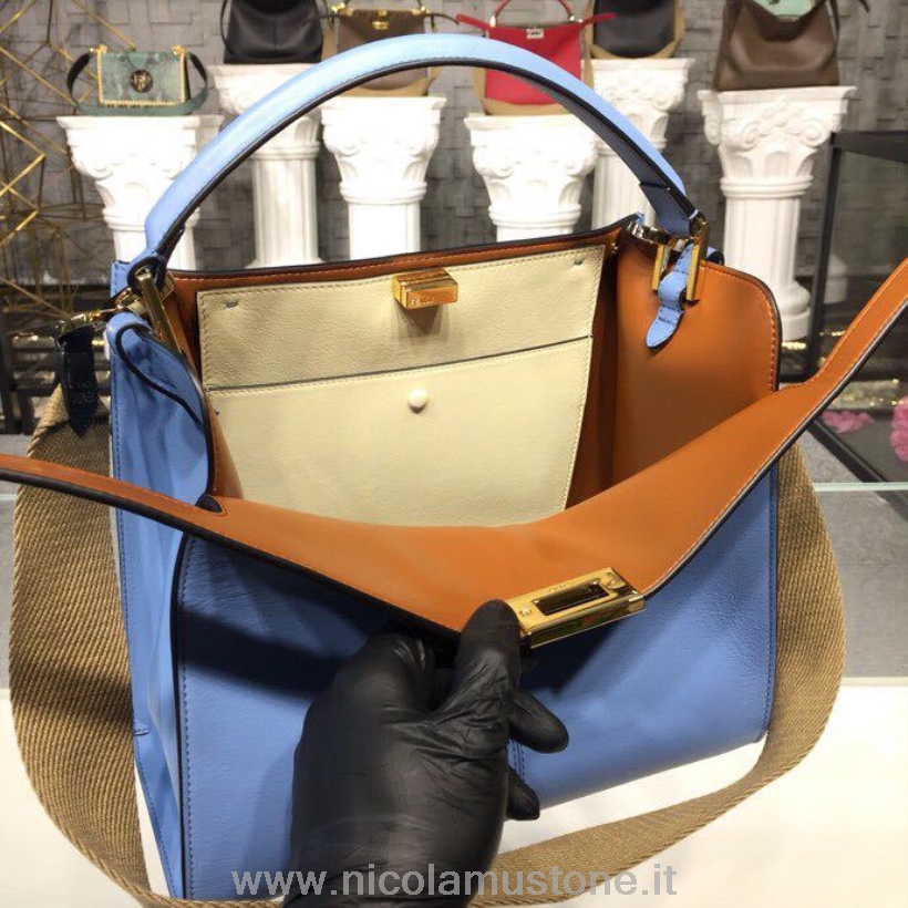 оригинальная качественная сумка Fendi Peekaboo X-lite Fit Ff с логотипом 30 см романо из козьей кожи коллекция весна/лето 2019 светло-синий/коричневый