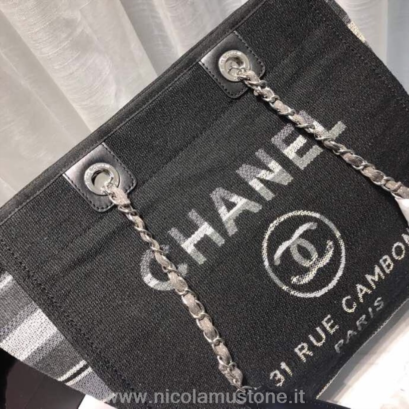оригинальная качественная сумка-тоут Chanel Deauville 34 см холщовая сумка коллекция весна/лето 2019 черный деним/белый/мульти