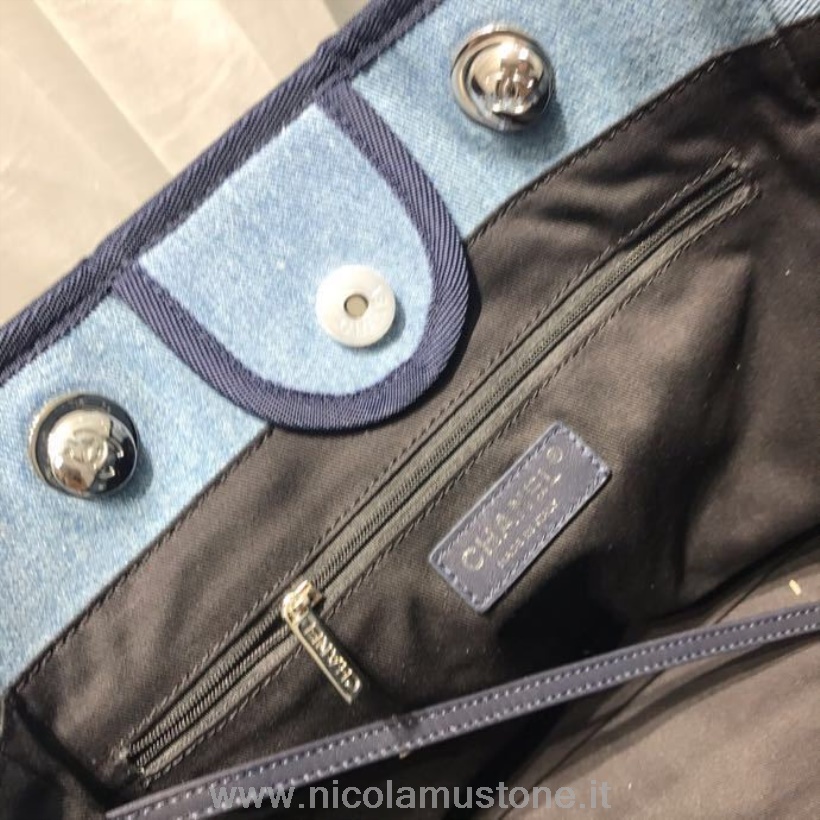оригинальная качественная сумка-тоут Chanel Deauville 34 см парусиновая сумка коллекция весна-лето 2019 светло-голубой/блестки//мульти