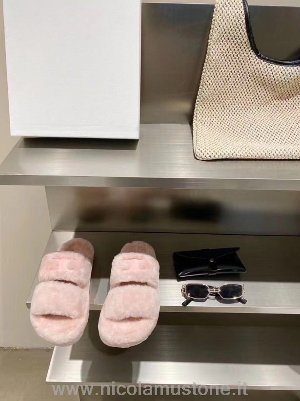 оригинальные качественные меховые тапочки Celine сандалии коллекция осень/зима 2021 светло-розовые