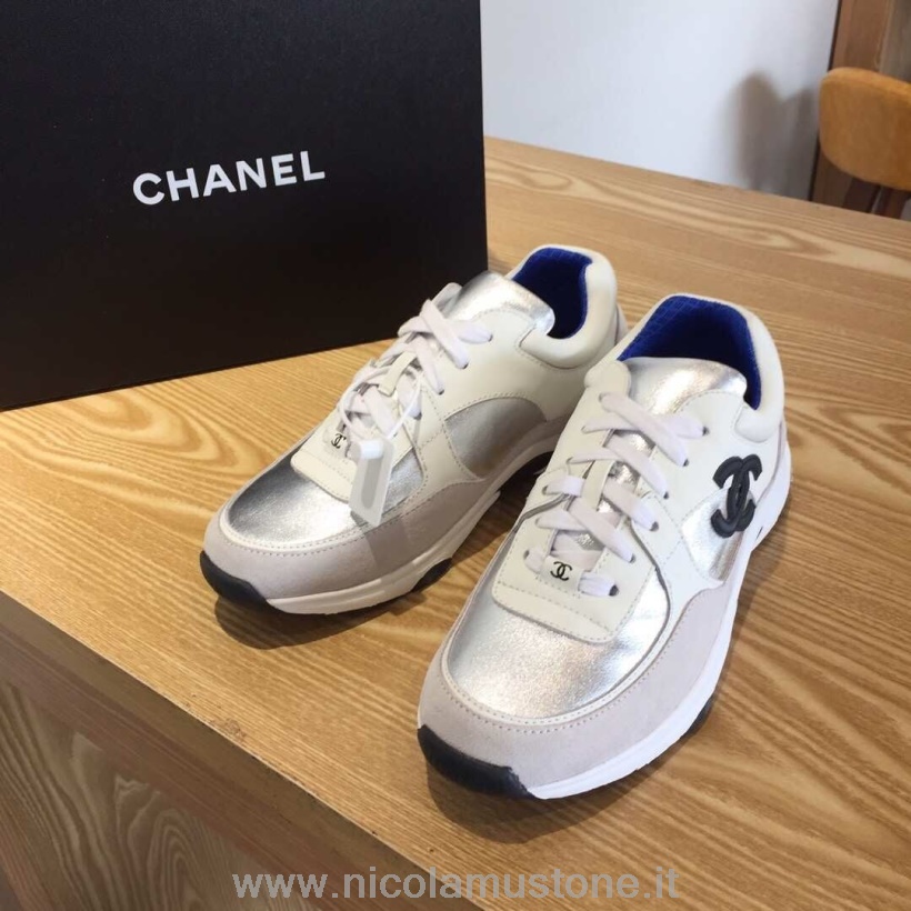 Нейлоновые кроссовки Chanel оригинального качества G34360 из овчины и замши коллекция весна-лето 2019 белый/серый/серебристый/черный