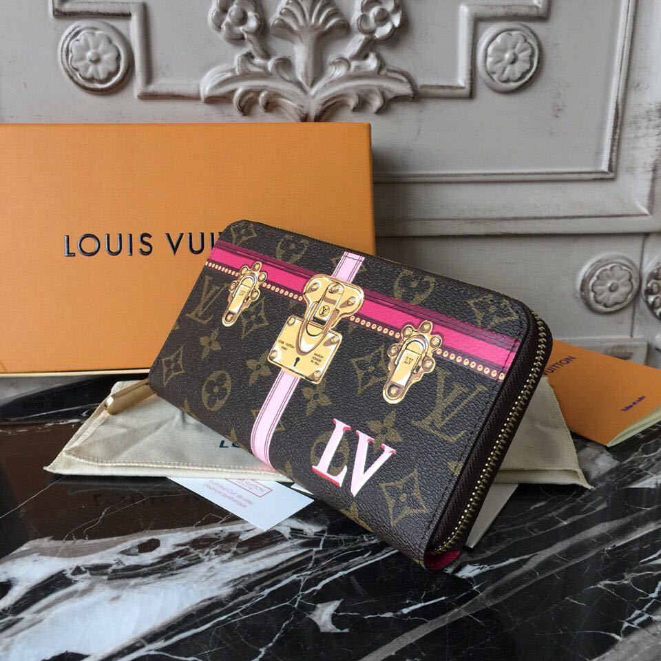 оригинальный качественный кошелек Louis Vuitton Zippy Trompe Loeil с принтом монограммы холст осень/зима 2018 коллекция M62616 розовый