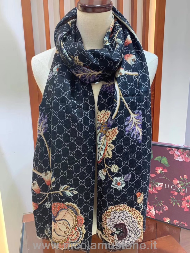 кашемировый жаккардовый шарф с цветочным принтом Gucci оригинального качества 200см коллекция осень/зима 2019 черный/мульти