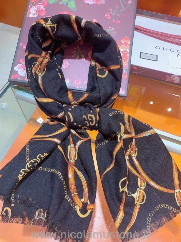 кашемировый шарф с мотивом логотипа Gucci Horsebit Gg оригинального качества 190см коллекция осень/зима 2019 черный/мульти