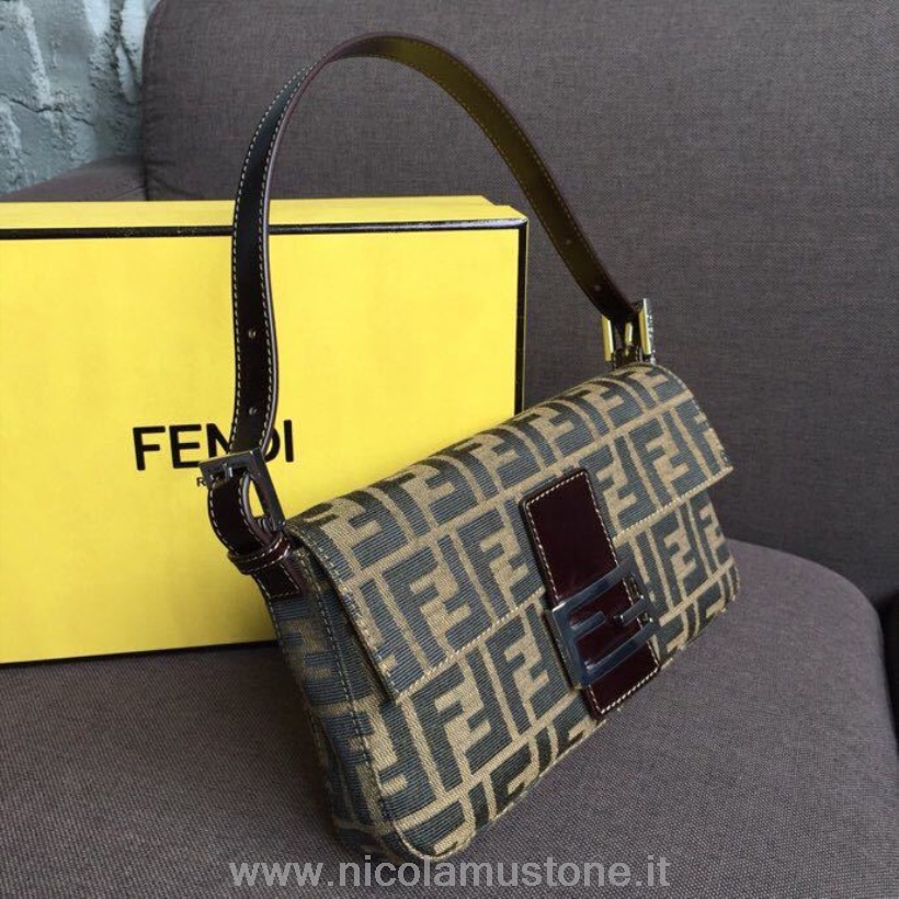 оригинальная качественная сумка на плечо Fendi Baguette из холщовой ткани с логотипом Ff 26 см из телячьей кожи коллекция весна-лето 2019 коричневый цвет