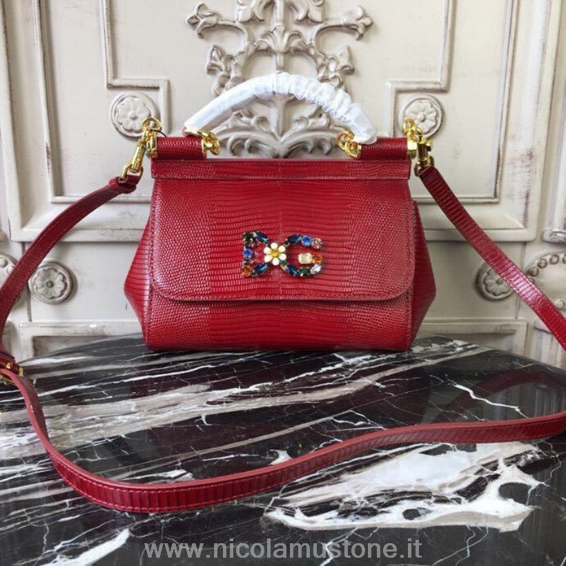 оригинальная качественная сумка Dolce Gabbana Sicily 20 см из ящерицы/телячьей кожи из коллекции осень/зима 2018 бордового цвета