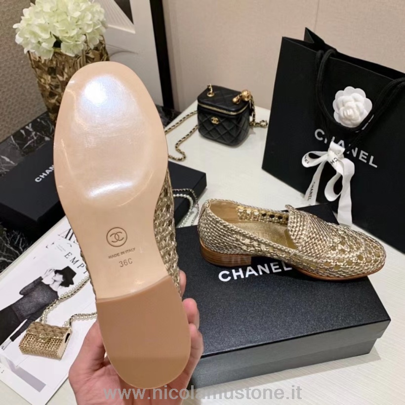 плетеные лоферы Chanel оригинального качества из телячьей кожи коллекция осень/зима 2021 золото