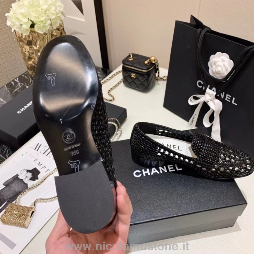 плетеные лоферы оригинального качества Chanel из телячьей кожи коллекция осень/зима 2021 черный