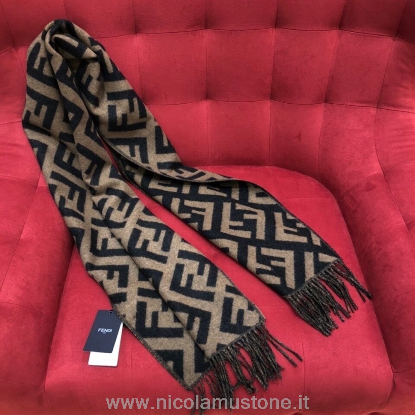 кашемировый шарф с логотипом Fendi Ff 190 см коллекция осень/зима 2020 коричневый/бежевый оригинальное качество