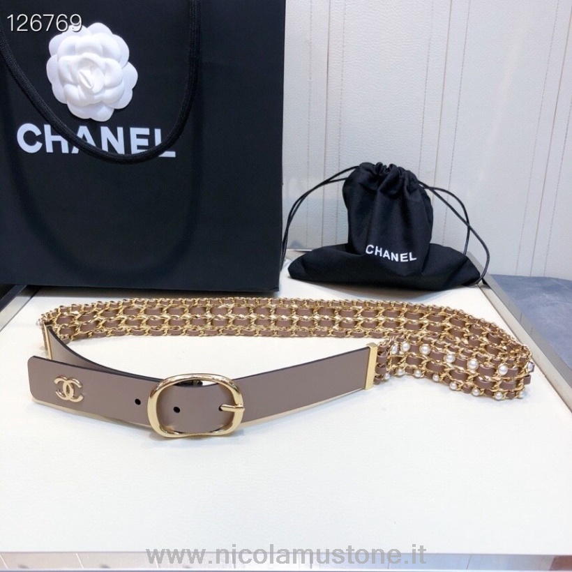 Оригинальное качество Chanel с жемчужной цепочкой плетеный ремень толщиной 3 мм золотая фурнитура телячья кожа коллекция осень/зима 2020 бежевый