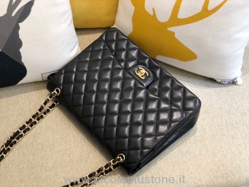 оригинальная качественная сумка макси с клапаном Chanel 33см 58601 кожа ягненка золотая фурнитура коллекция осень/зима 2020 черный