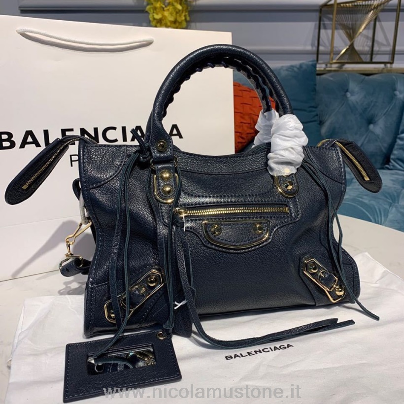 оригинальная качественная классическая городская сумка Balenciaga 24 см с золотой фурнитурой из козьей кожи коллекция весна/лето 2020 темно-бирюзовый