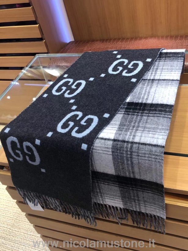кашемировый шарф с жаккардовой бахромой Gucci Gg оригинального качества 160см коллекция осень/зима 2019 черный/белый