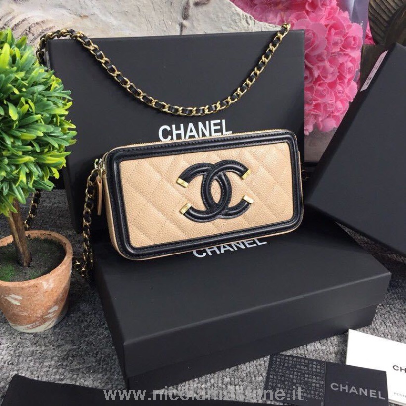 Оригинальное качество Chanel Cc филигранный зерненый клатч с цепочкой 18 см из кожи ягненка золотая фурнитура весна/лето 2019 коллекция акт 2 бежевый/черный
