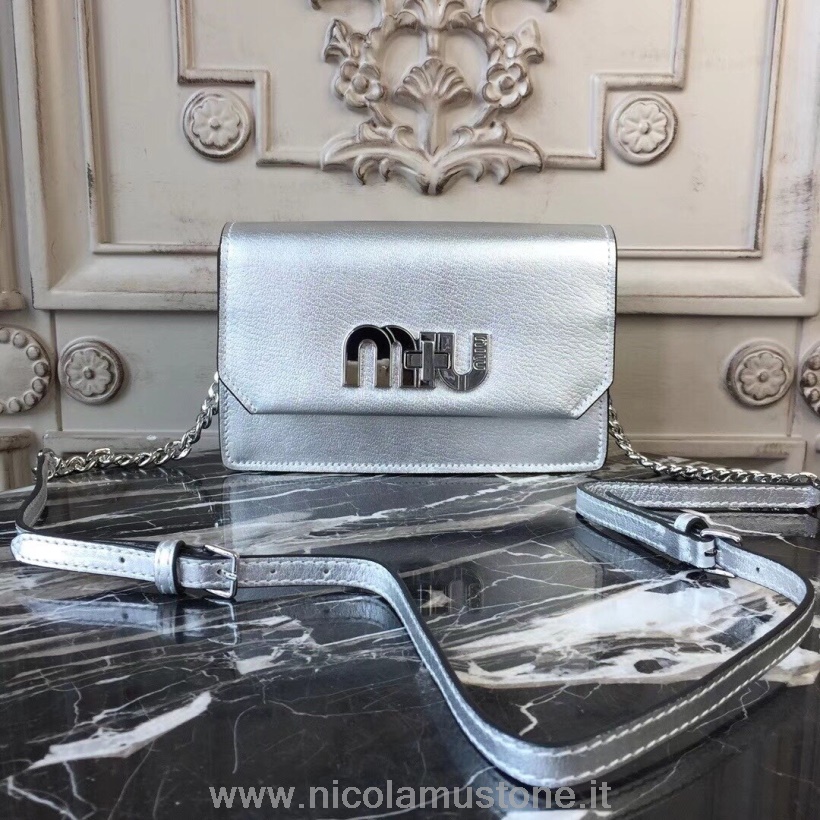 оригинальная качественная сумка Miu Miu с логотипом сумка на плечо 5bh077 из телячьей кожи из мадраса весна/лето 2018 коллекция серебро